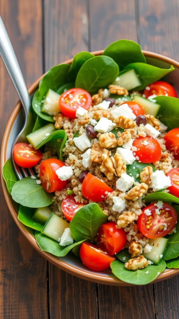 A colorful spinach quinoa salad with tomatoes, cucumbers, feta, and walnuts in a bowl on a wooden table.